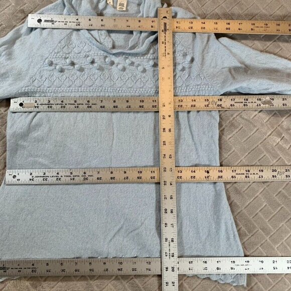 Moth Womens Large Sweater Light Blue Wool Hooded 3/4 Sleeve Pom Poms - Picture 3 of 5